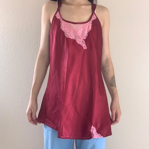Vintage 90's Burgundy and Pink Lace Tank - Picture 1 of 5